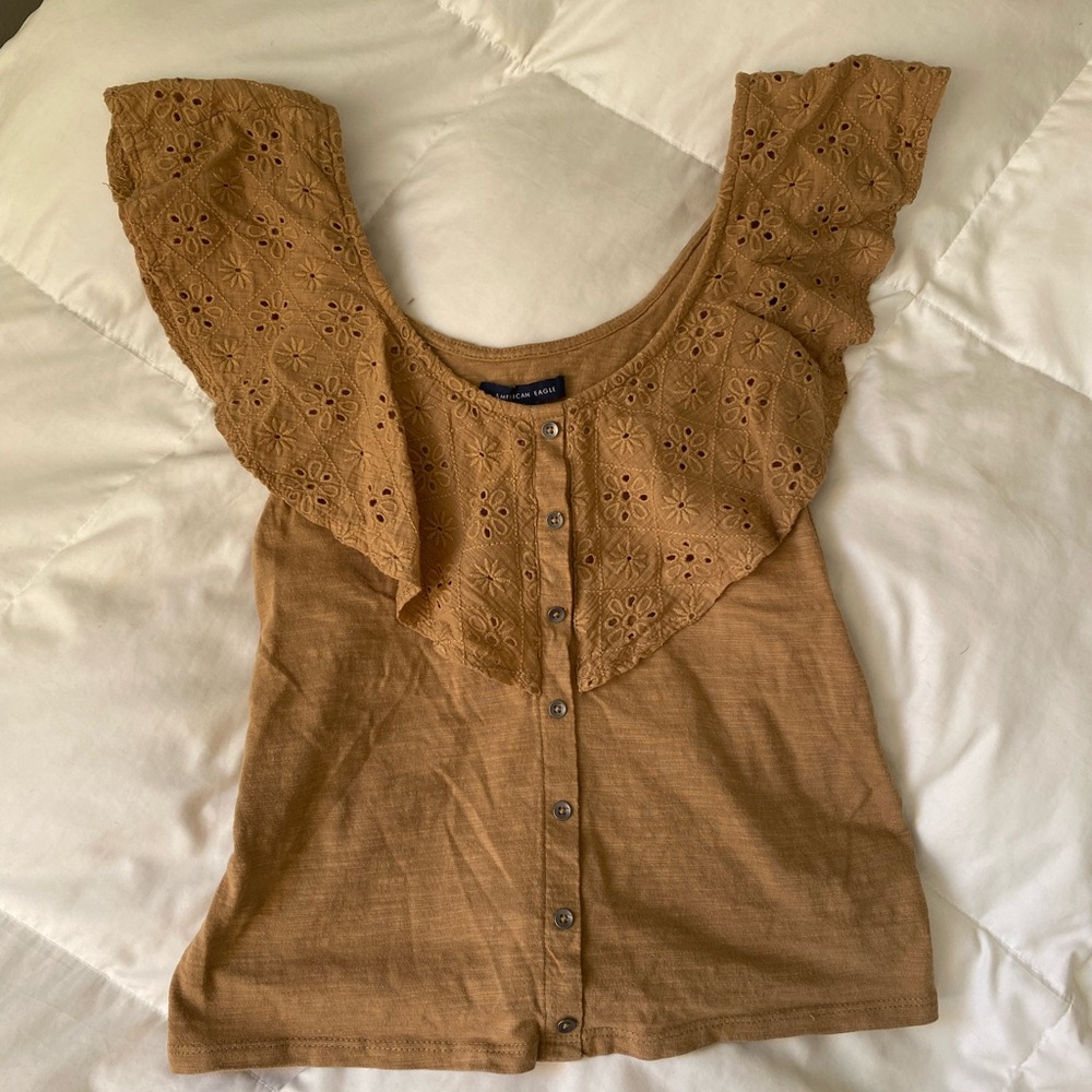 American Eagle Outfitters Brown Eyelet Ruffle Blouse
